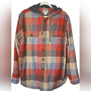 L.L. Bean Orange Plaid Hooded Jacket 100 Cotton Button -Up Size Medium Pockets